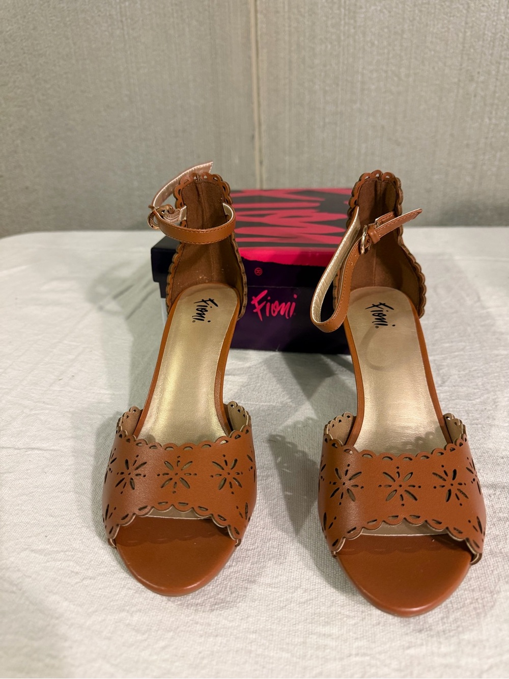 FIONI Clothing Women's Brown Laser-Cut Ankle Strap Heels